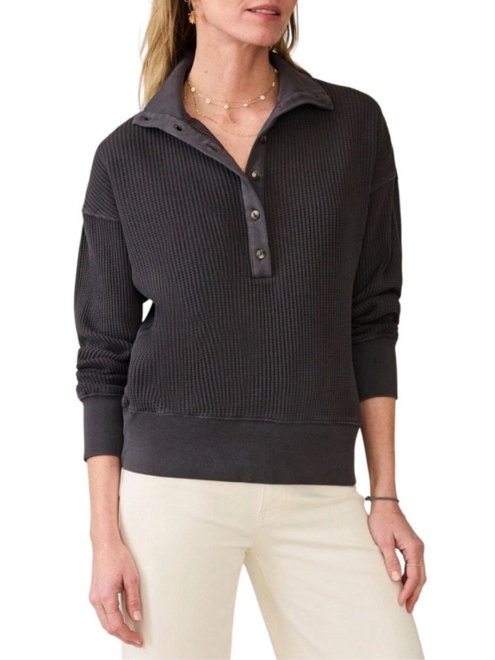 Faherty Women’s Apres Organic Cotton Waffle Knit Henley Top Dark Gray Size XS